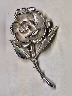 Vintage Detailed Monet Stamped Rose Brooch in  Bright Silver-Tone Metal